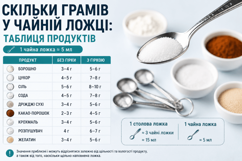 Скільки грамів у чайній ложці — таблиця продуктів