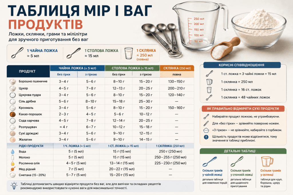 Таблиця мір і ваг продуктів: ложки, склянки та грами